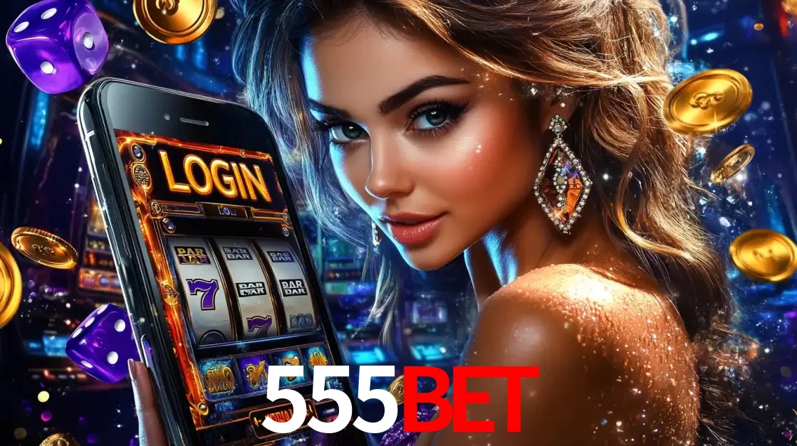 Mulher glamorosa segurando um smartphone com a tela de login para os jogos de caça-níqueis do cassino online 555bet, com moedas de ouro e dados ao redor.